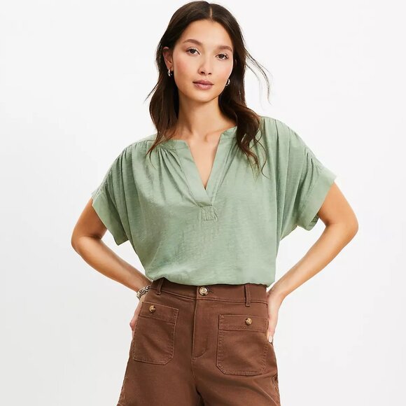 Loft Split Neck Mixed Media Top Bay Green Cropped XS - Picture 1 of 5
